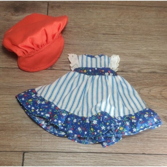 Vintage Fisher Price Doll Dress & Hat Blue Stripe Floral - Picture 1 of 5